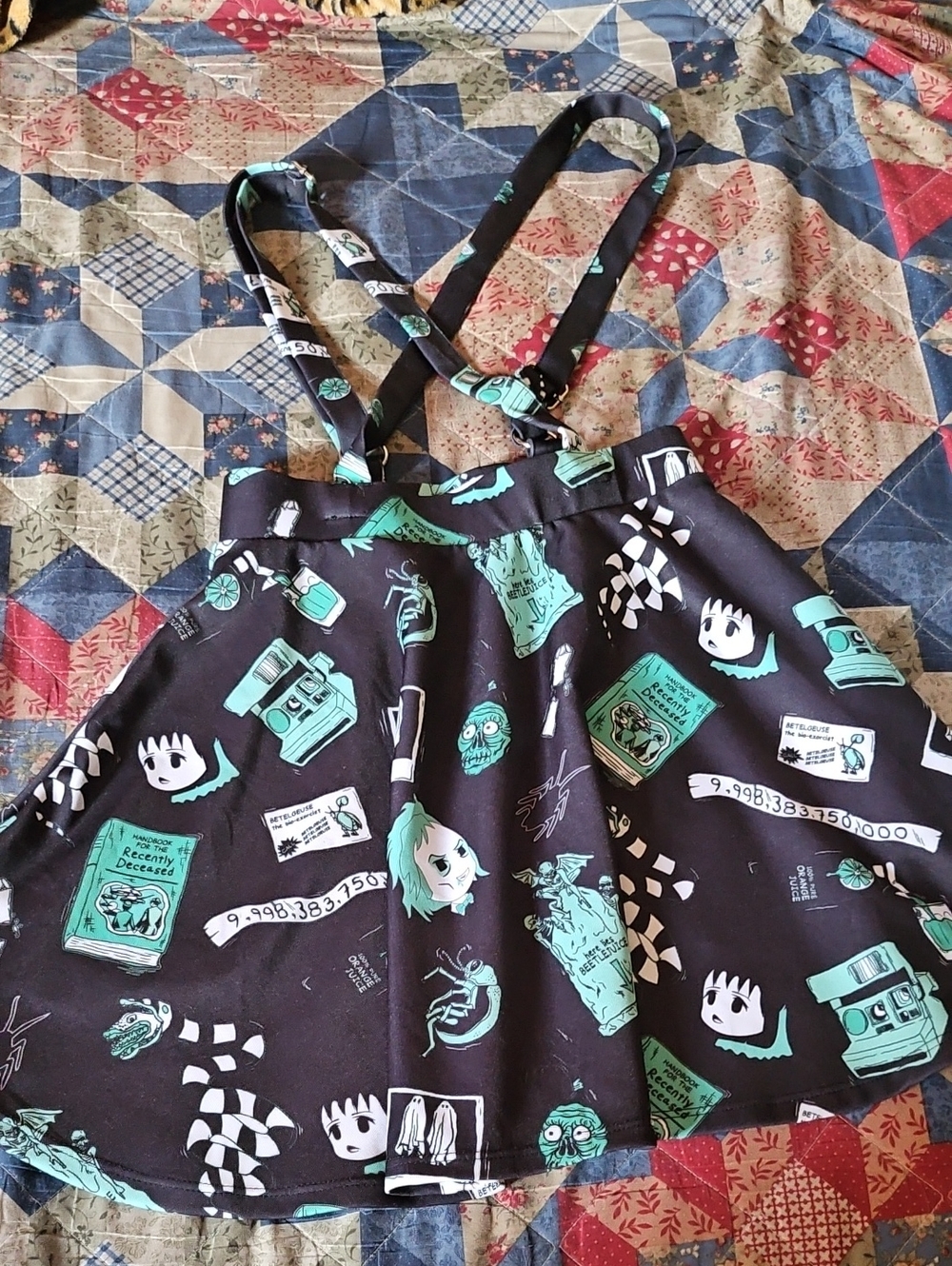 Hot Topic Beetlejuice Black Mint Patterned Skirt With Suspenders XS